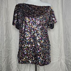Anna-Kaci Short Sleeve One Shoulder Sparkle & Shine Sequin Pull Over Chic Blouse